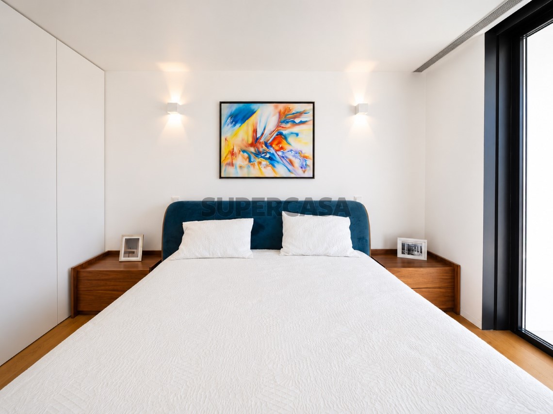 Vista frontal de la cama matrimonial en el dormitorio de la villa en Oeiras
