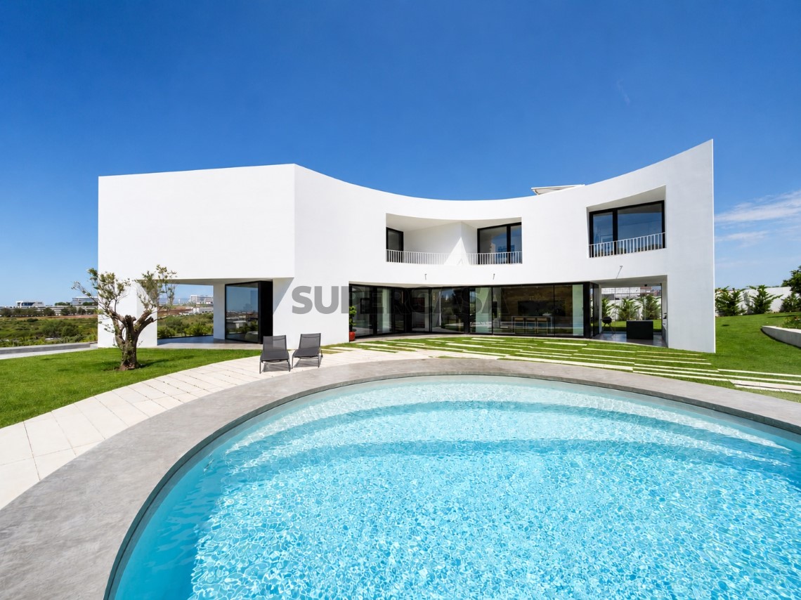 Piscina ovalada con arquitectura moderna villa y olivo