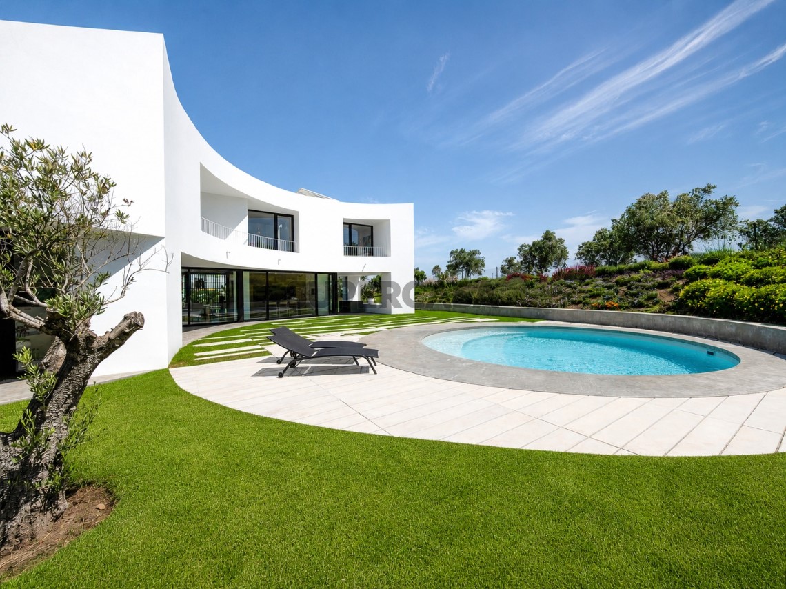 Lateral de la casa con piscina y arquitectura moderna con vistas al golf